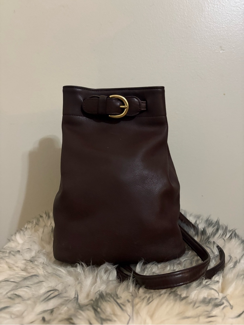 Coach 4162 Vintage Sling Brown Leather Drawstring Backpack w/Buckle Detail